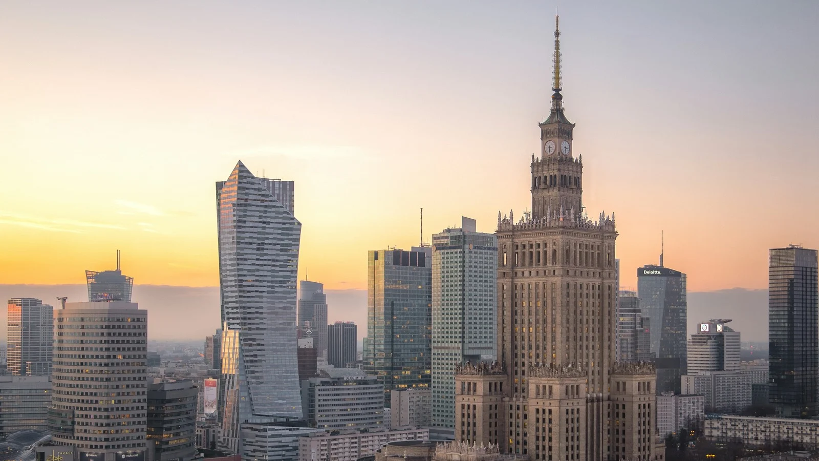 Warsaw skyline with the Palace of Culture and Science at sunset