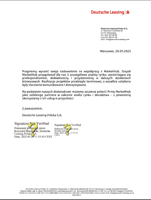 Referencje od Deutsche Leasing Polska S.A. dla MarketHub, 26.05.2025