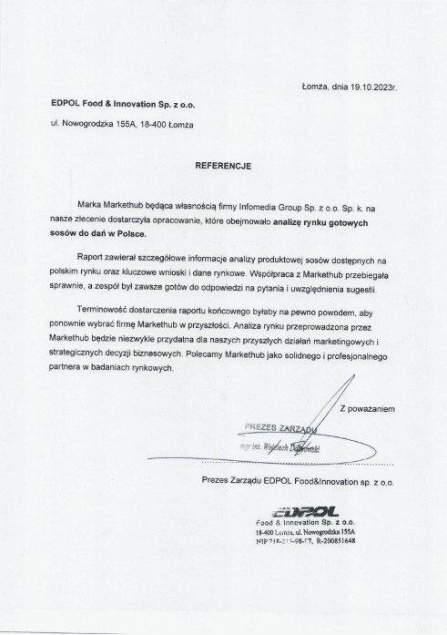 Referencje od EDPOL Food & Innovation Sp. z o.o. dla MarketHub, 19.10.2023