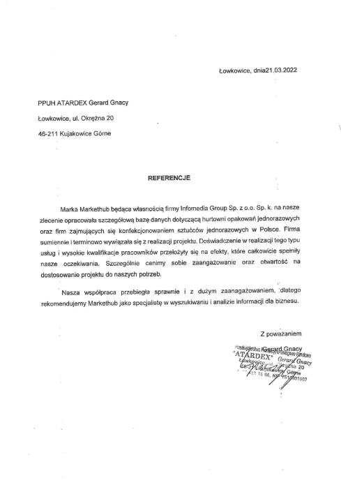 Referencje od PPUH Atardex Gerard Gnacy dla MarketHub, 21.03.2022