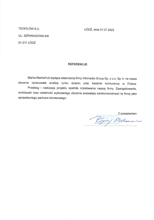 Referencje od Teofilów S.A. dla MarketHub, 01.07.2022